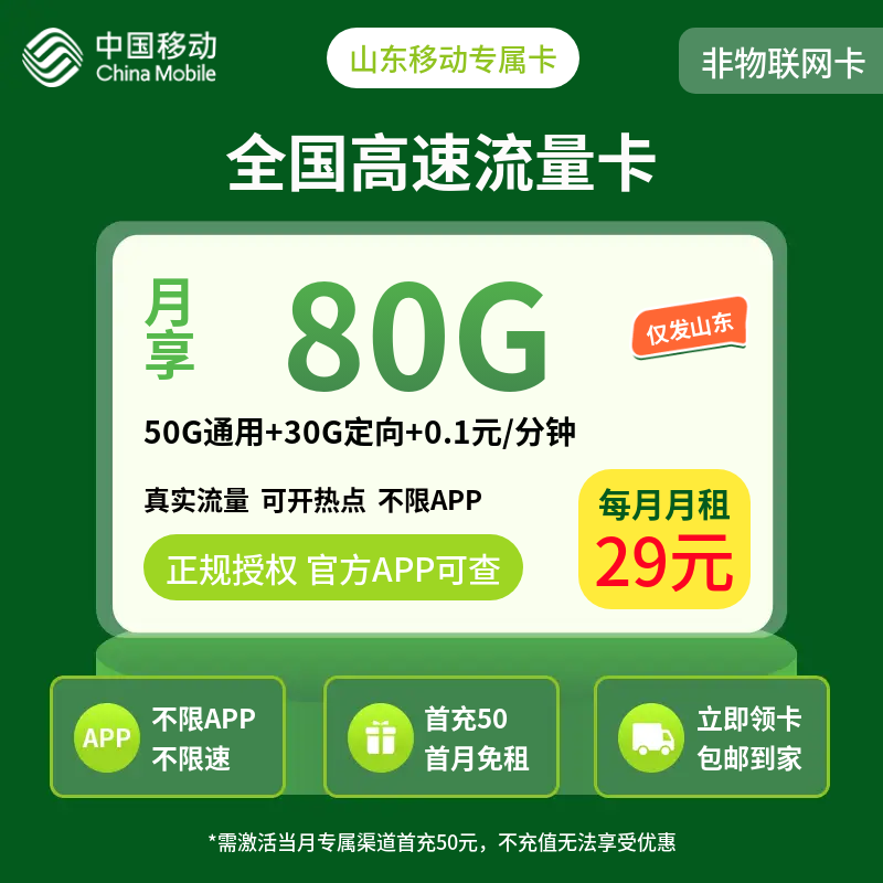 山东移动专属卡29元80G【只发山东】