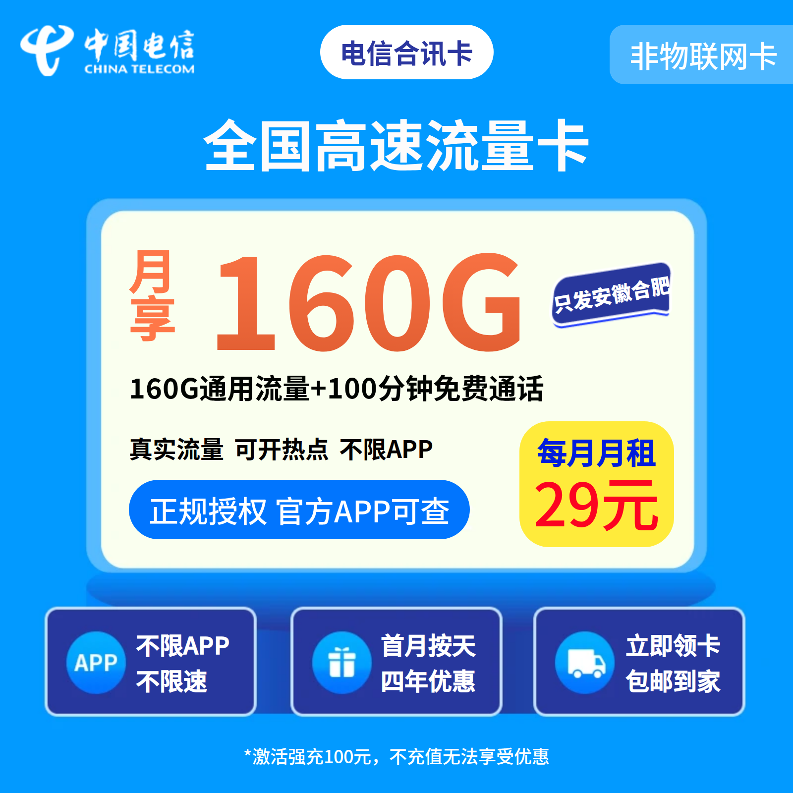 电信合讯卡29元160G+100分钟【只发安徽合肥】
