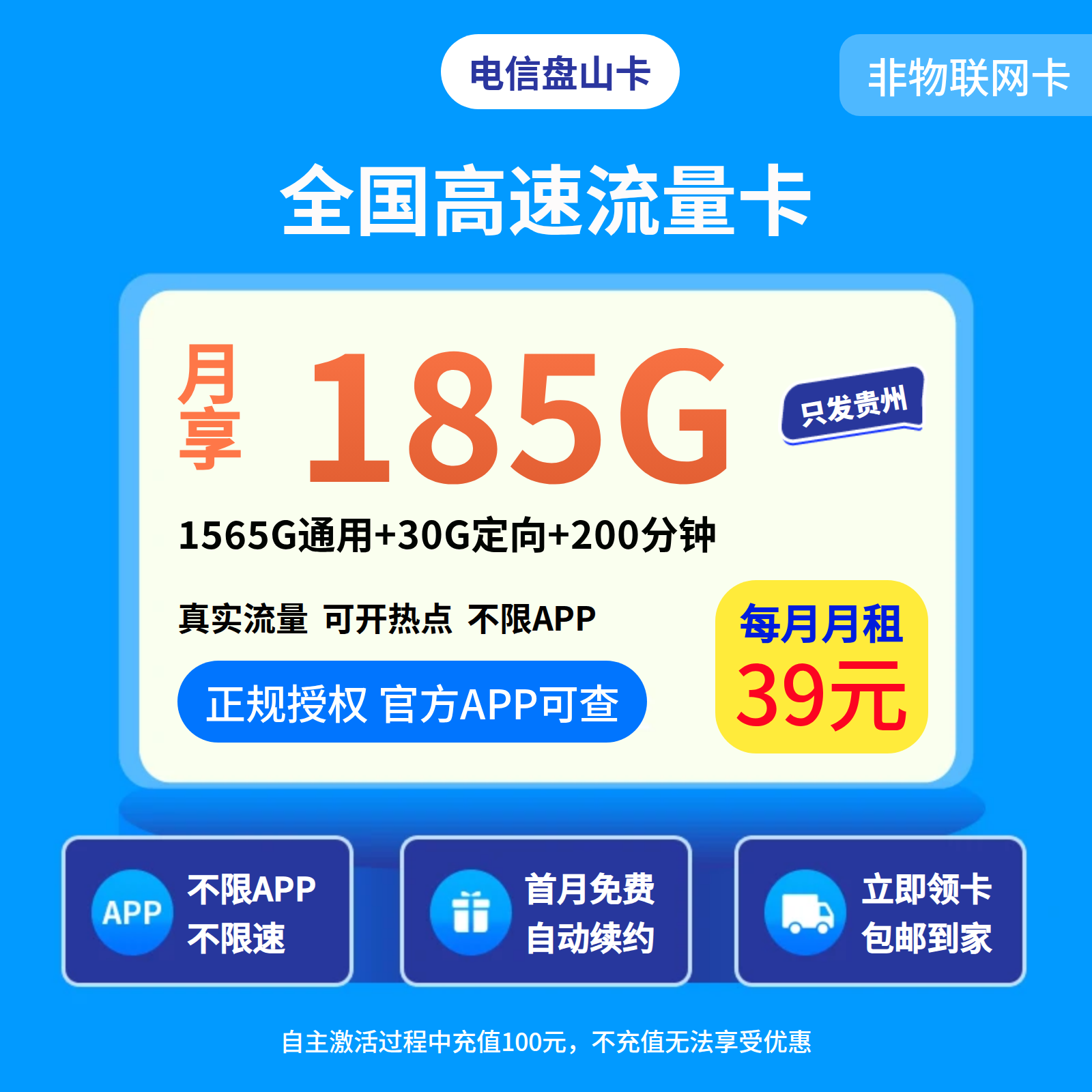GY01电信盘山卡39元185G+200分钟【只发贵州】