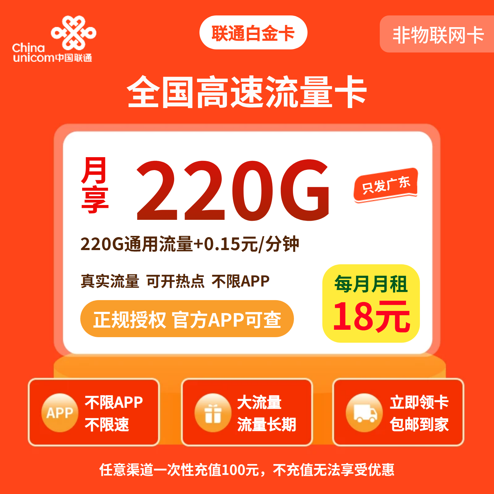 联通白金卡18元220G流量+0.15/分钟【只发广东】