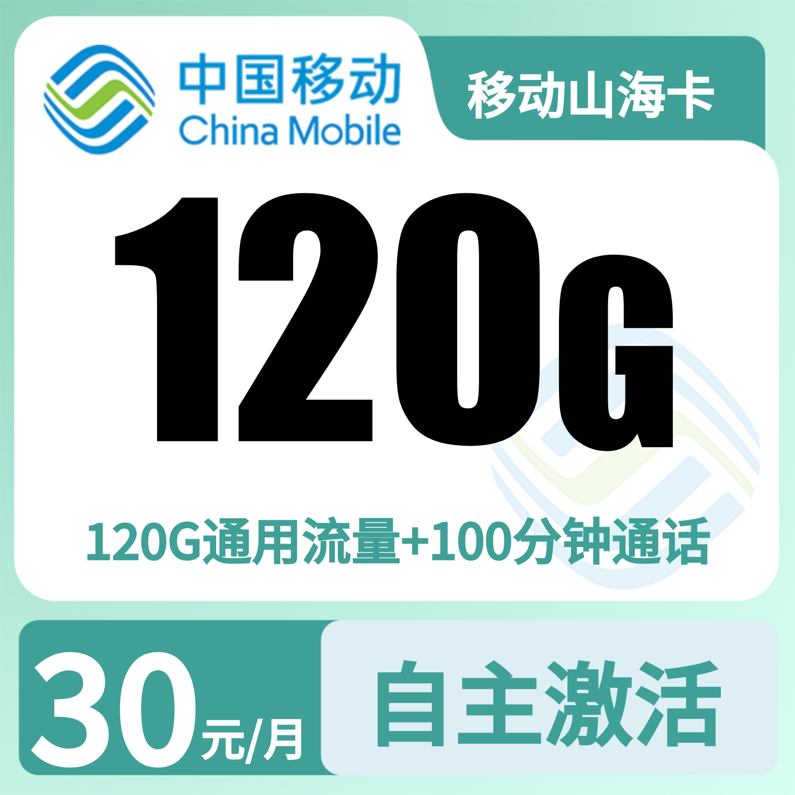 移动山海卡 | 30元月享120G流量+100分钟通话,仅发河北。