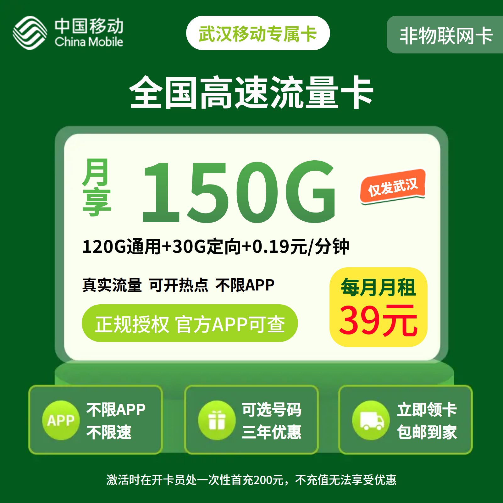 武汉移动专属卡39元150G+0.1元/分钟【只发湖北武汉】