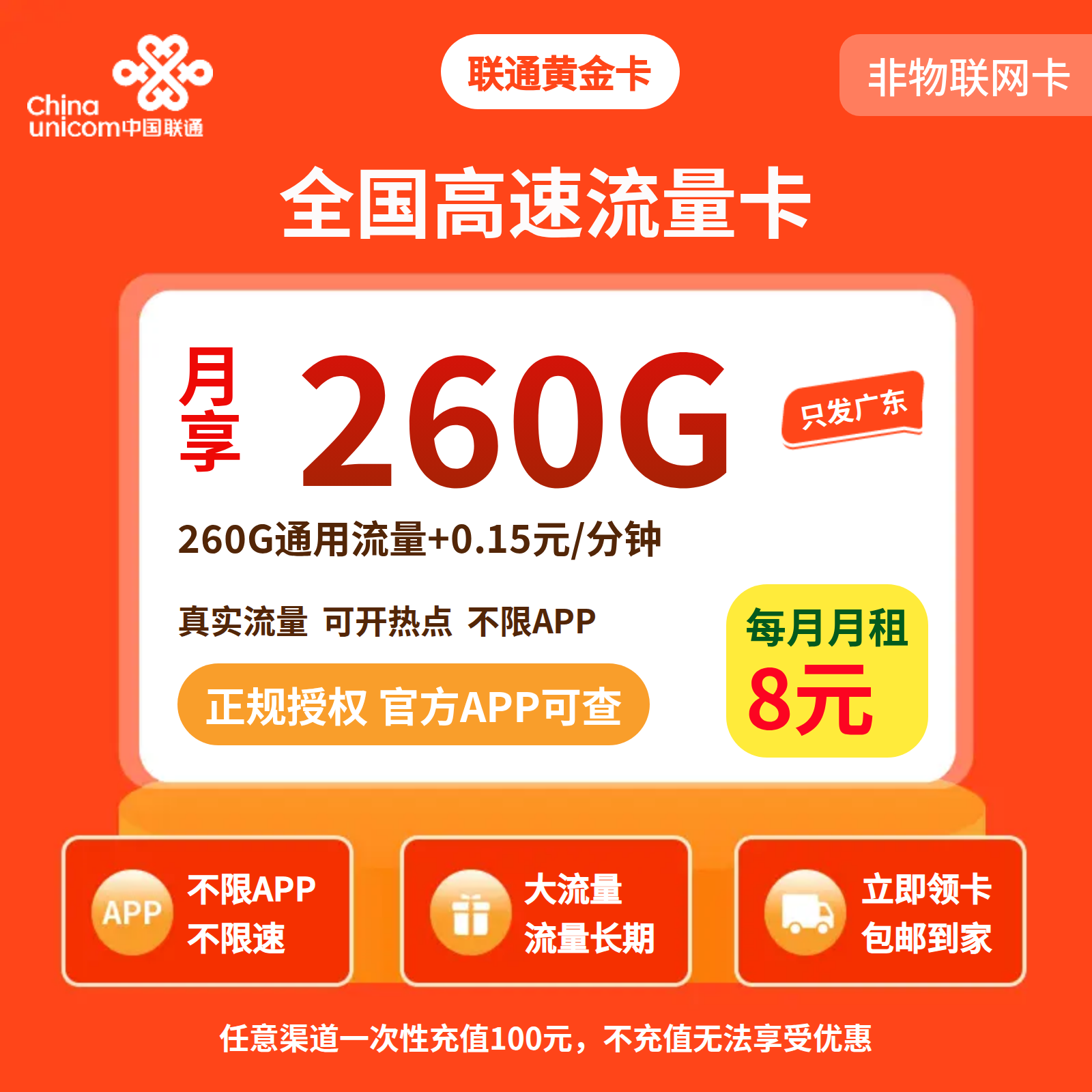 联通黄金卡8元260G流量+0.15/分钟【只发广东】
