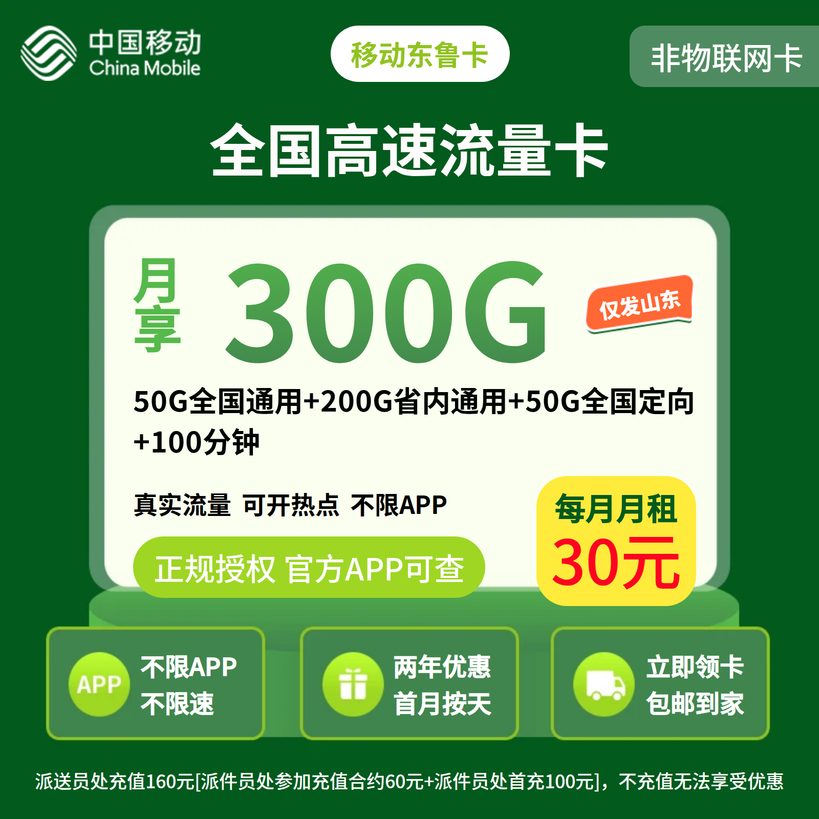移动东鲁卡30元300G+100分钟【只发山东】