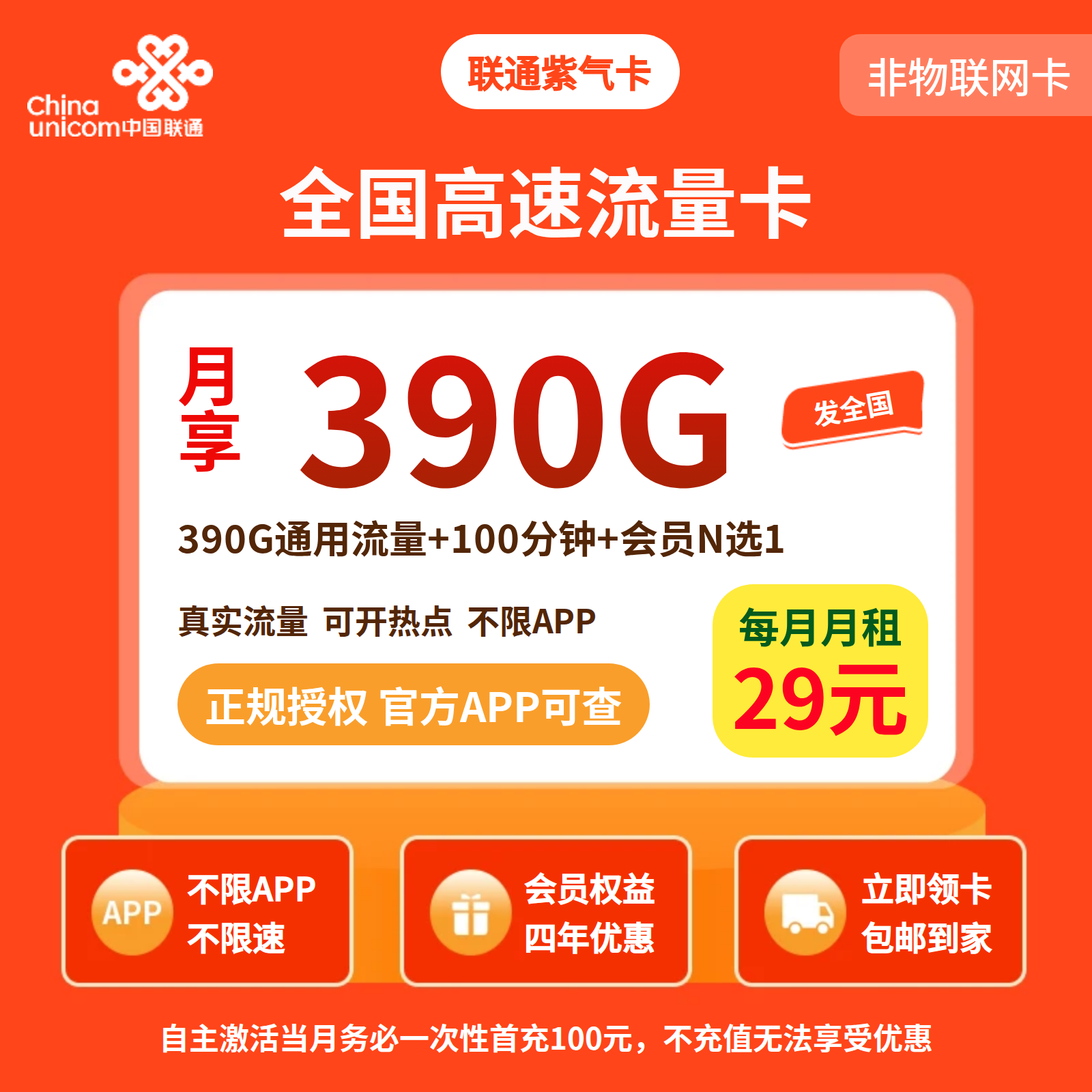 联通紫气卡29元390G+100分钟+会员N选1【三照发全国】
